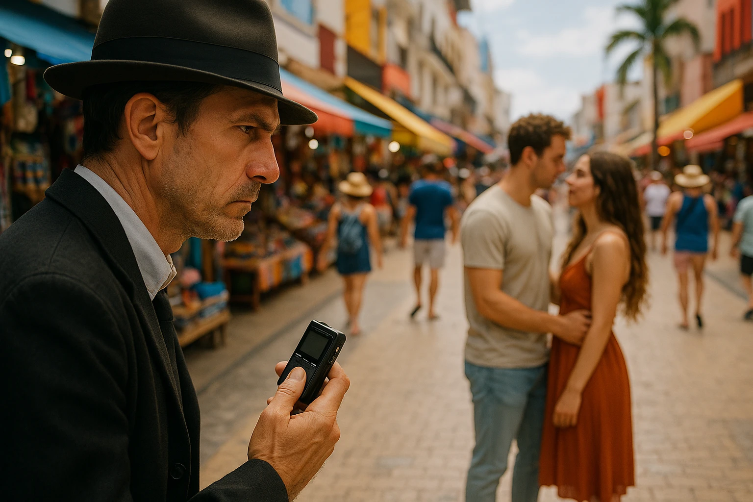 A private investigator discreetly observes a couple from a distance on a bustling Cancun street, holding a small audio recording device, while tourists and vibrant market stalls fill the scene around them.
