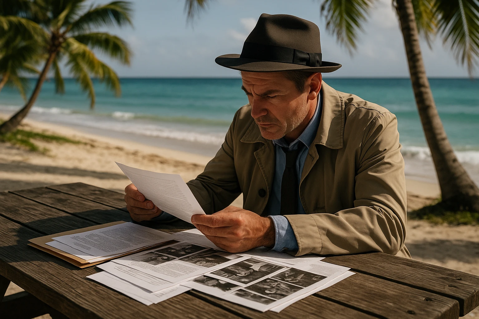 A private investigator in Cancun examines a stack of confidential documents and photographs spread out on a wooden picnic table in a secluded beach area, with the ocean waves gently lapping in the background and palm trees swaying nearby.