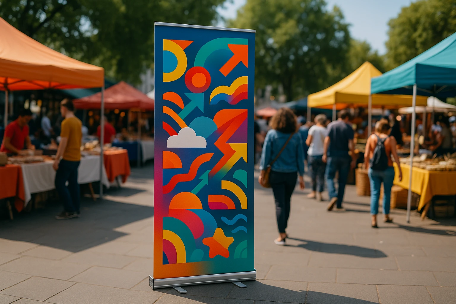 banner standees A vibrant banner standee displaying a dynamic mix of colorful graphics and text stands prominently among a bustling outdoor trade fair, surrounded by vibrant market stalls and curious attendees.