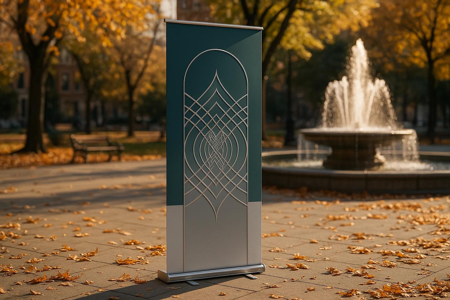 banner standee A sleek banner standee featuring an elegant and minimalistic design stands in a sunlit urban park, showcasing a harmonious blend of teal and silver hues with an intricate geometric pattern, surrounded by autumn leaves and a nearby fountain.