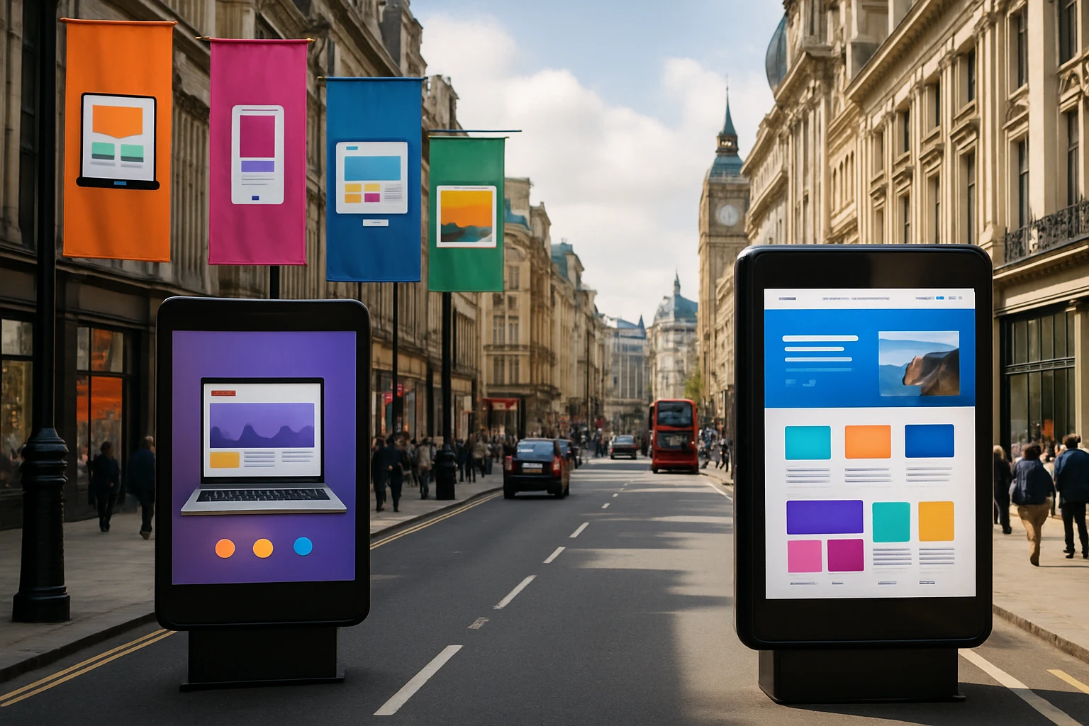 In a bustling London street, colorful banners hang from buildings advertising web design services, interspersed with sleek digital billboards showcasing vibrant website layouts against the backdrop of iconic city architecture.