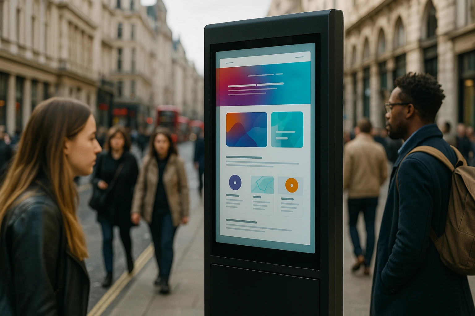 A close-up of a modern, interactive digital kiosk on a busy London sidewalk, with passersby engaged and vibrant graphics displaying a seamless website interface, framed by historic buildings in the background.