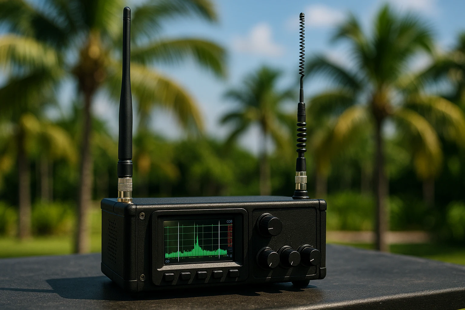 A close-up of a specialized electronic device used for TSCM bug detection placed on a table outdoors, with lush palm trees in the background, emphasizing the tropical landscape of Coconut Creek, Florida.