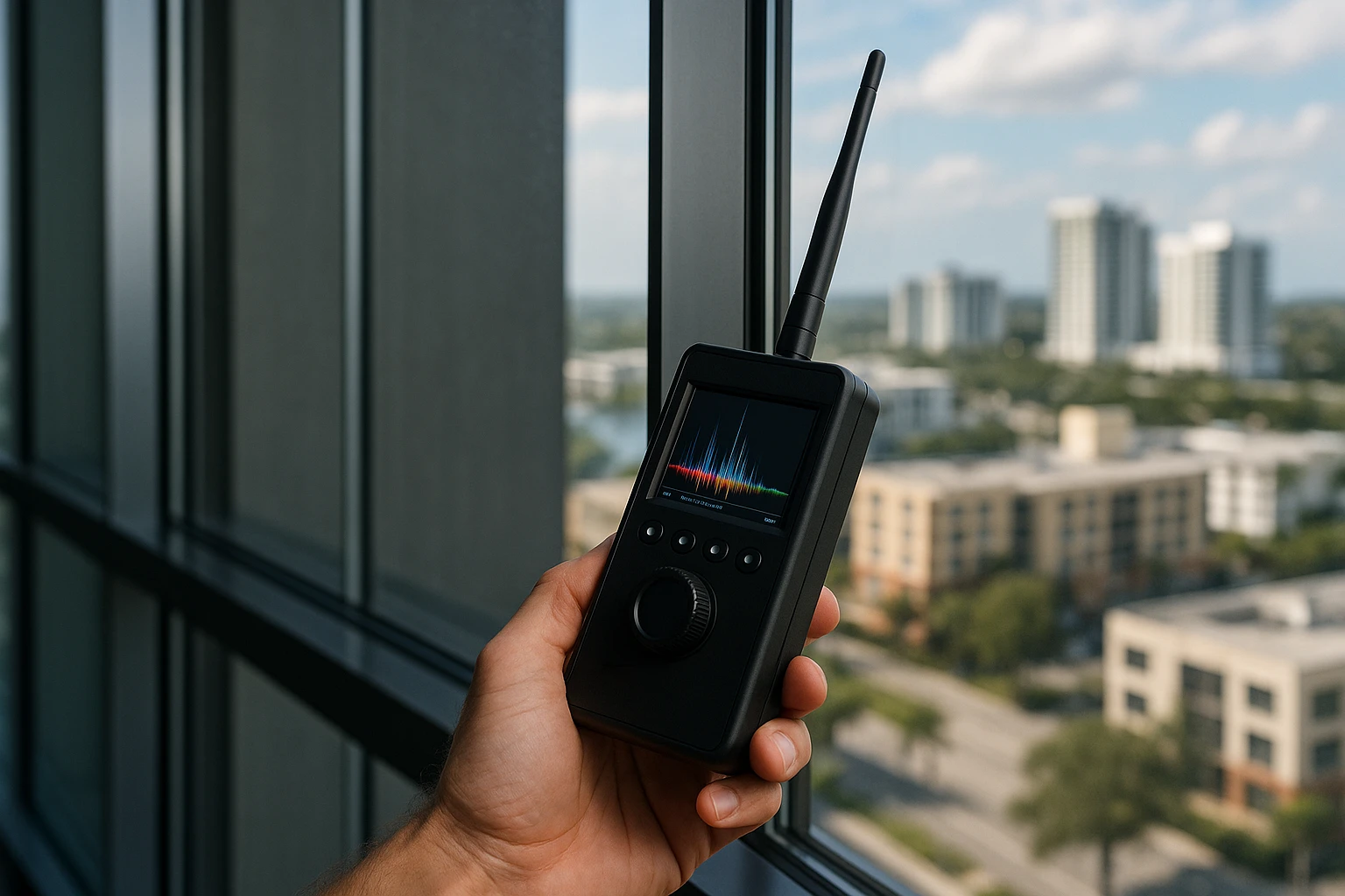 A sleek TSCM bug detection device being used on a glass window of a modern high-rise building in Coconut Creek, Florida, with the skyline visible through large windows, highlighting the urban environment and emphasis on security.