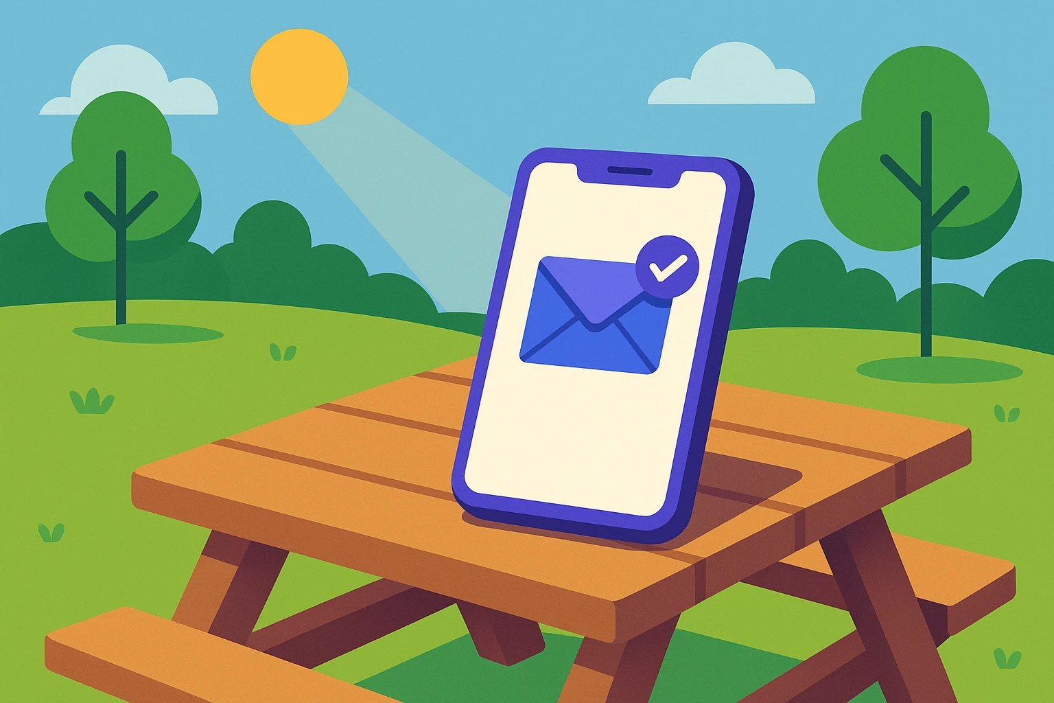 A smartphone on a picnic table in a sunlit park with a notification for a verification email from a temporary email service, surrounded by nature.