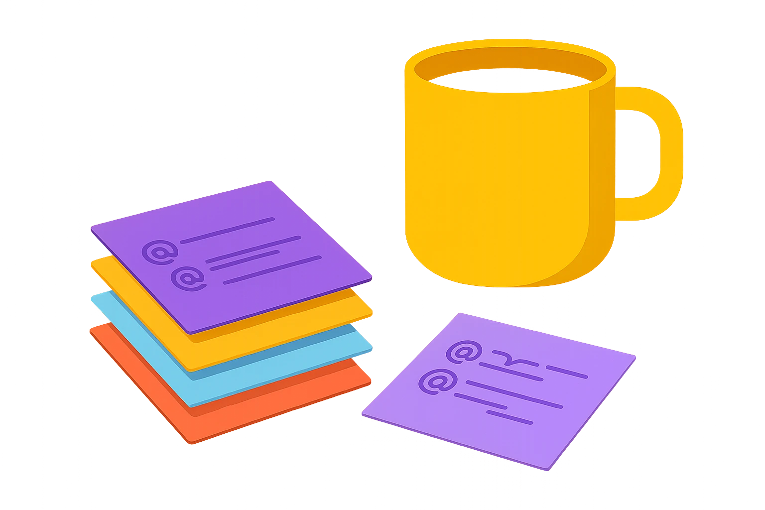 A stack of colorful sticky notes with random email addresses written on them, placed on a wooden table next to a bright yellow coffee mug, symbolizing the temporary nature of disposable emails in a cozy home setting.