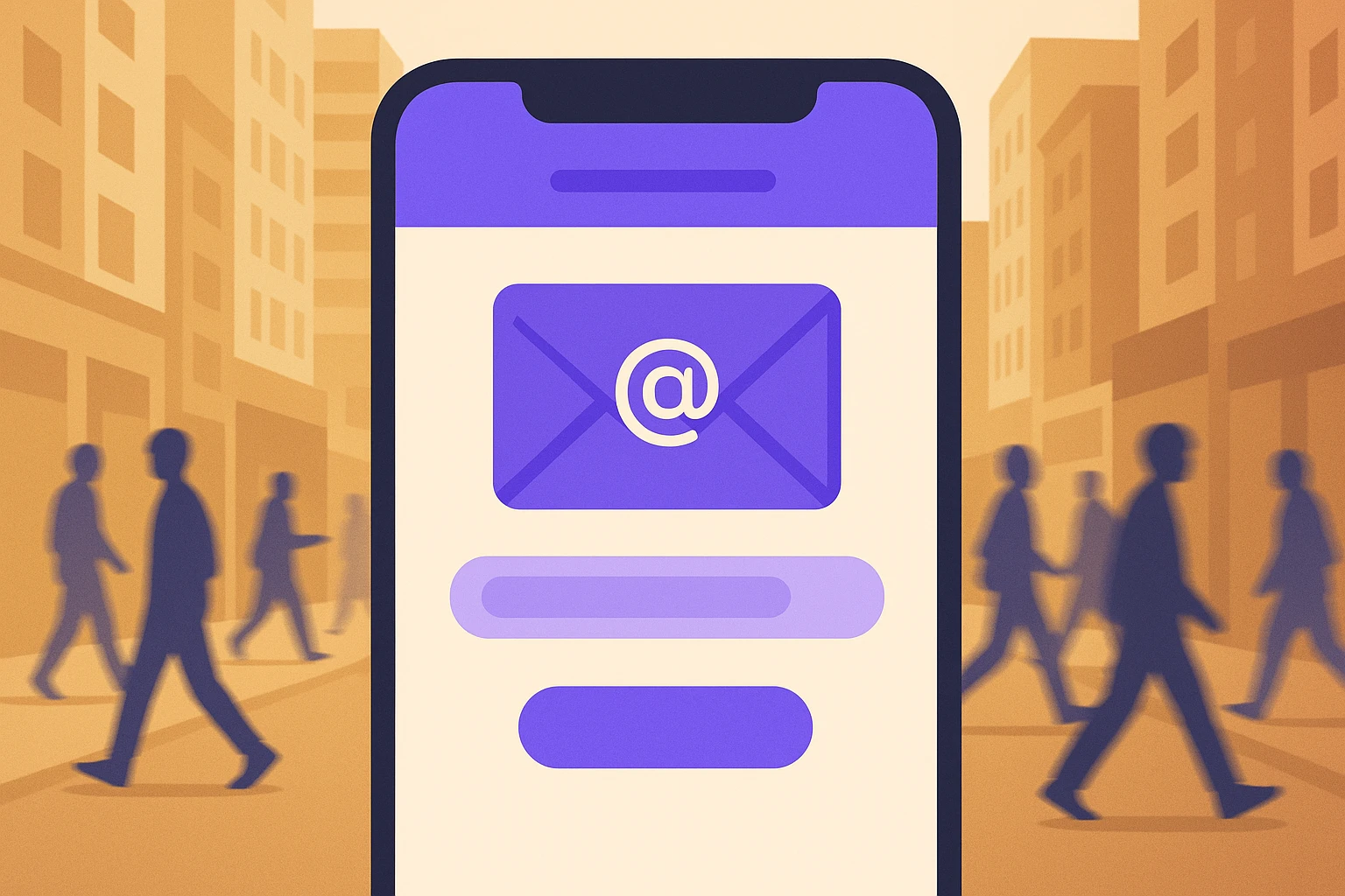 A close-up shot of a smartphone screen displaying an app interface for generating temporary email addresses, set against the backdrop of a bustling city street with blurred pedestrian movement.