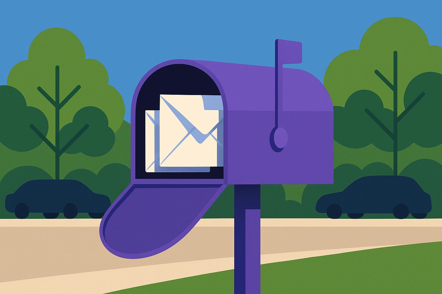 A sleek, modern mailbox on a suburban street with envelopes marked 