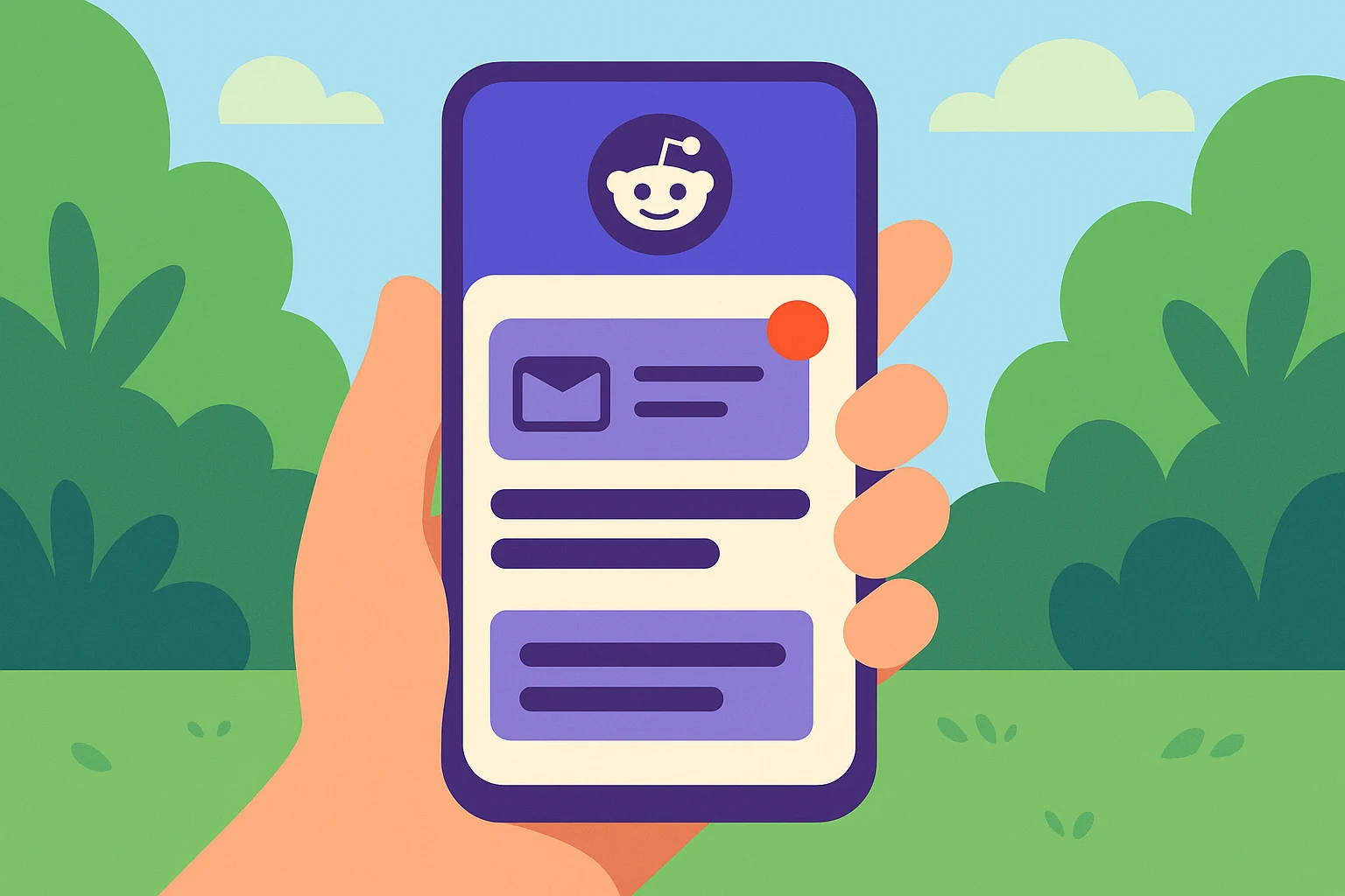A close-up of a smartphone held in hand outdoors, displaying the Reddit app interface with a notification about temp mail discussions, surrounded by green foliage in a park setting.