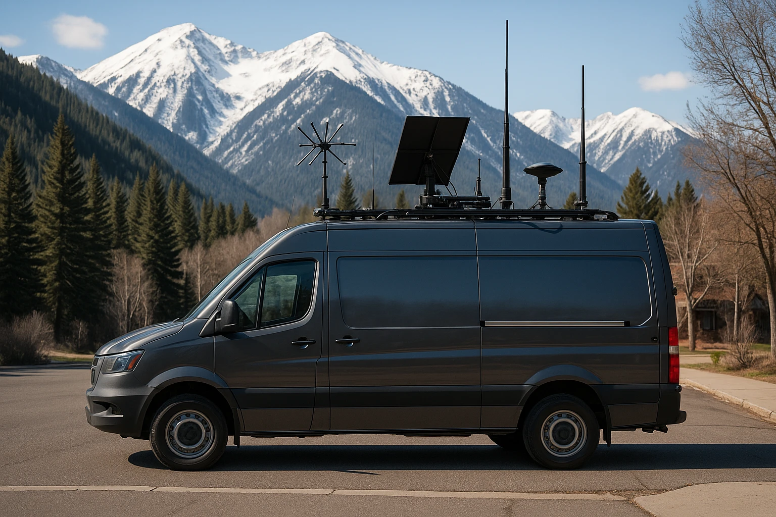 A specialized TSCM service van parked on a quiet street in Aspen, Colorado, equipped with advanced bug detection tools and antennae, against a backdrop of snow-capped mountains and dense pine forests.