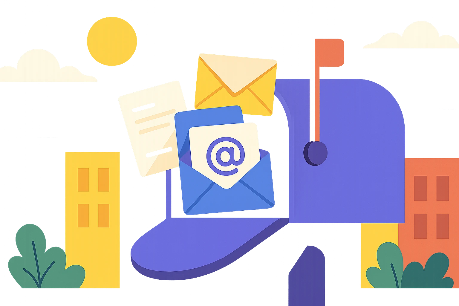 A mailbox filled with a mix of traditional and digital mail items, set against a vibrant urban street backdrop, symbolizing the intersection of physical and digital communication while highlighting the concept of safeguarding personal emails through disposable email services.