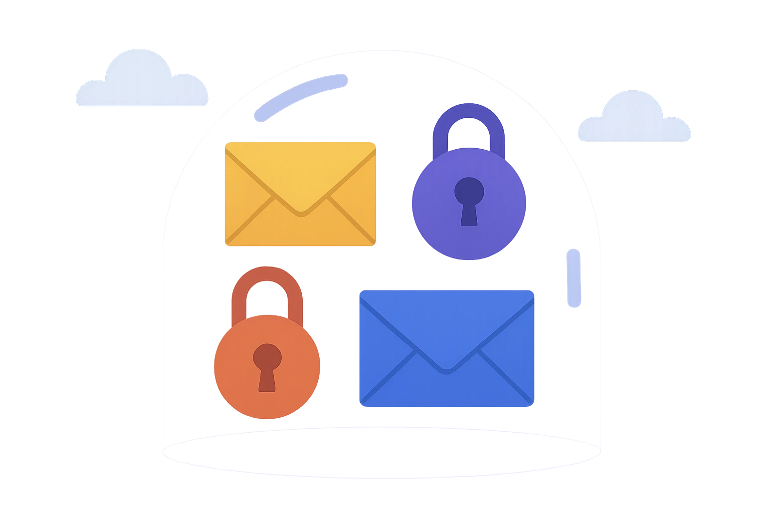 A collage of colorful mail icons and locks floating in a clear blue sky, symbolizing security and privacy, with a transparent dome around the icons representing a protective barrier.