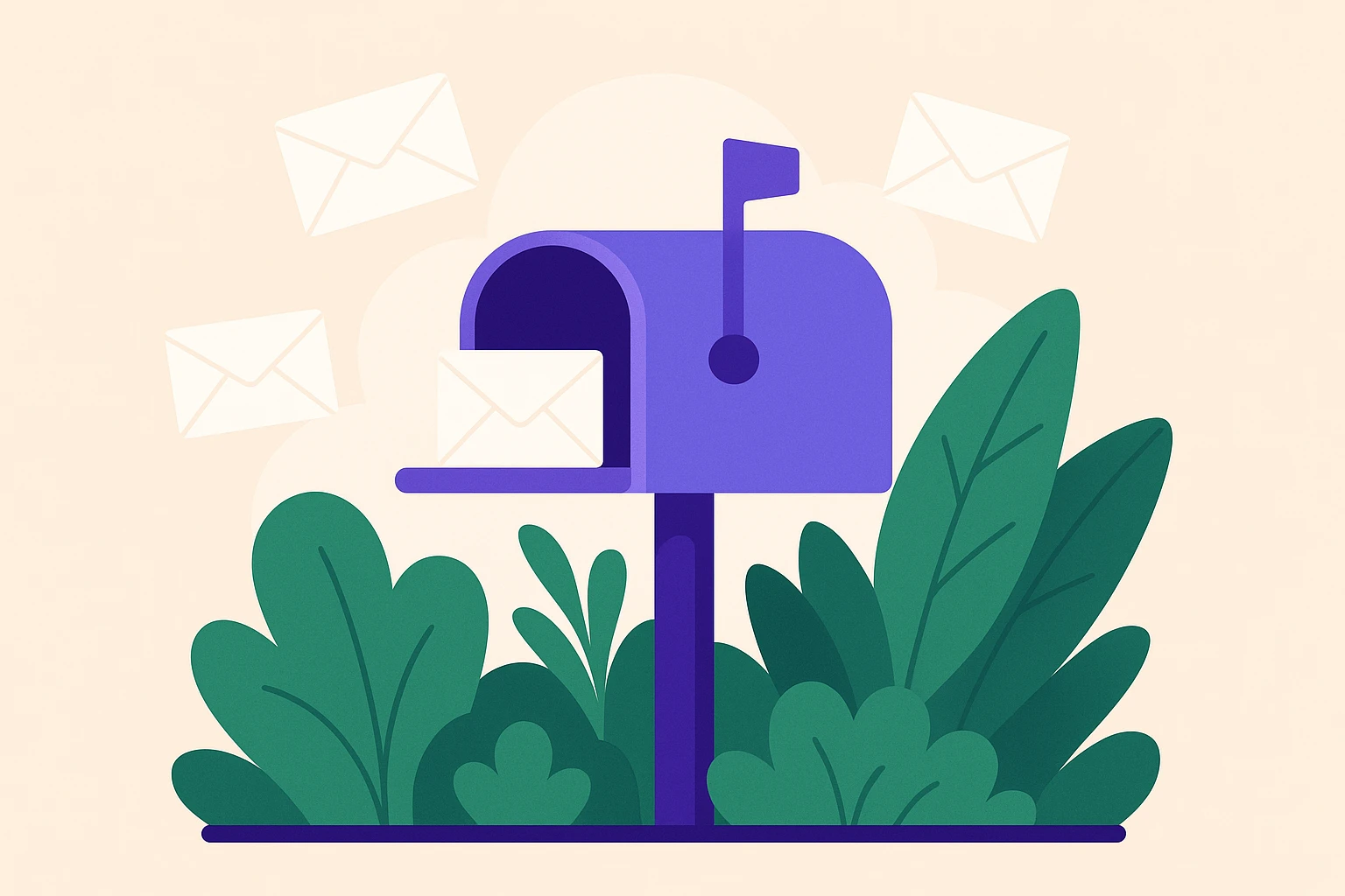 A mailbox surrounded by lush greenery with envelopes floating around it, symbolizing digital exchange and privacy in a natural outdoor setting.