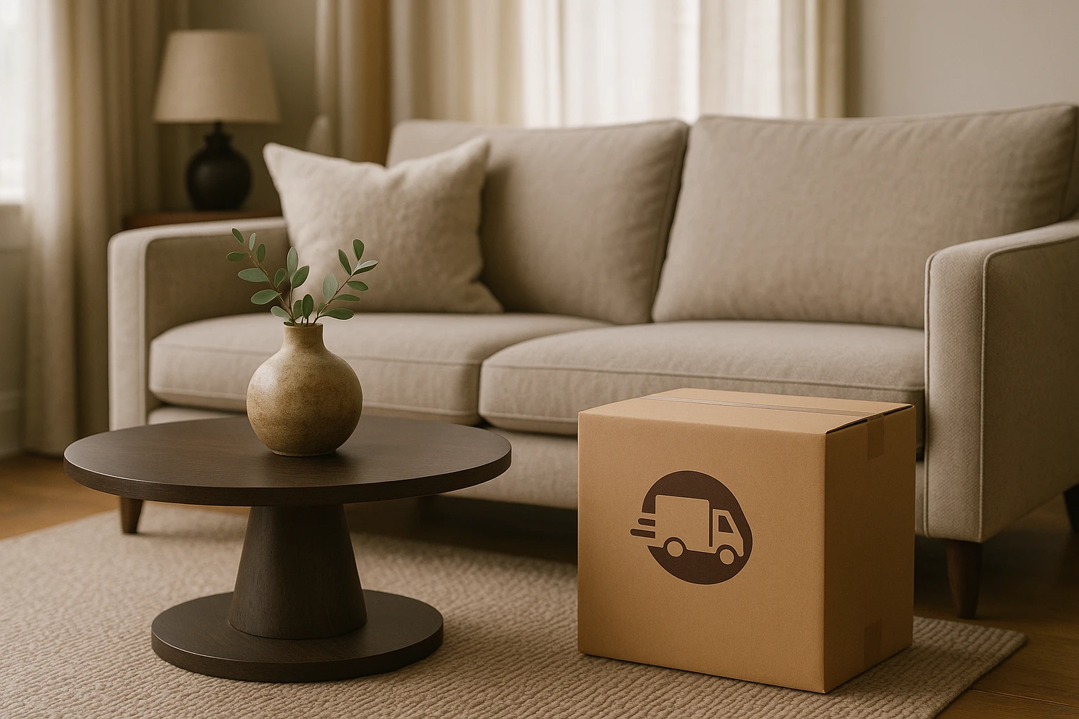 In a cozy living room setting, a modern, sleek sofa from HomeStoreDirect® featuring plush cushions is positioned next to a stylish coffee table adorned with a handmade British vase, while beside it, a delivery box from Stomart sits with its logo prominently displayed, showcasing their rapid convenience service.