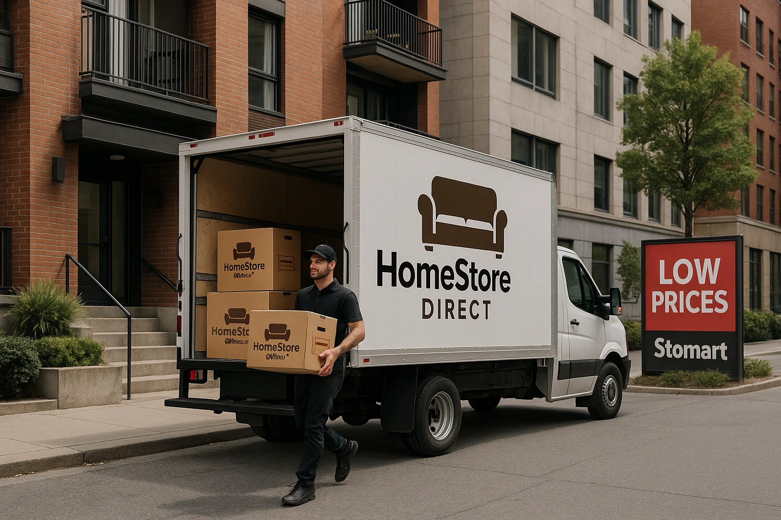 In a bustling urban setting, a HomeStoreDirect® delivery truck is parked next to a stylish apartment building, with branded packages being carried by a courier, while across the street, a Stomart promotional sign highlights their competitive rates.