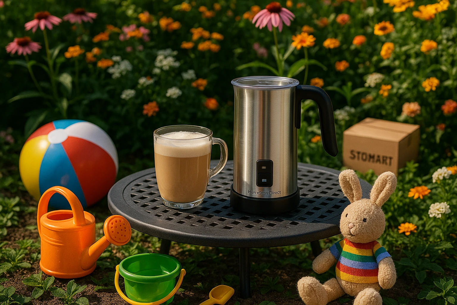 A sunny garden scene with various HomeStoreDirect® products displayed, including a milk frother on a stylish outdoor table, surrounded by playful children's toys and vibrant garden accessories, all set against a backdrop of blooming flowers and a small Stomart parcel nestled among the greenery.
