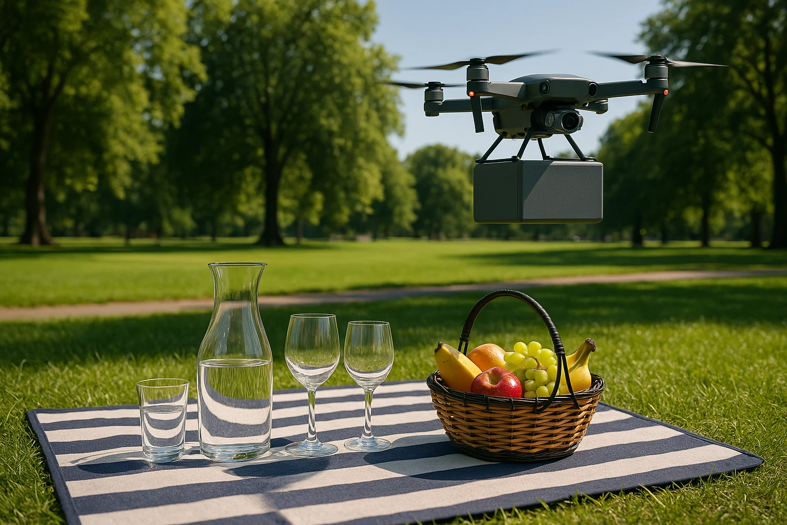 In a vibrant park scene, a HomeStoreDirect® picnic blanket is spread on the grass, showcasing a set of elegant glassware and a stylish fruit basket, while nearby, a Stomart-branded drone hovers, highlighting their innovative delivery method amidst nature's backdrop.