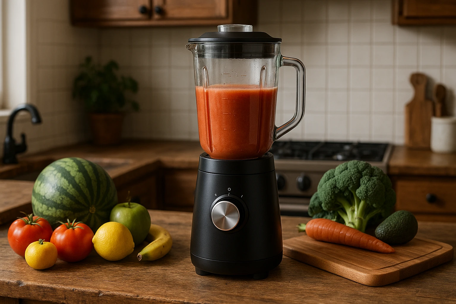 A cozy kitchen scene featuring a HomeStoreDirect® branded blender on a rustic wooden countertop, surrounded by fresh fruits and vegetables, while an elegant Stomart cutting board rests nearby, showcasing both brands' focus on quality kitchenware.