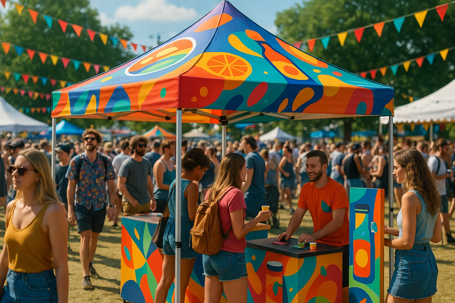 A vibrant festival scene with a branded gazebo featuring colorful logos and bold graphics, set amidst a lively crowd; nearby, people engage with interactive displays and sample products.