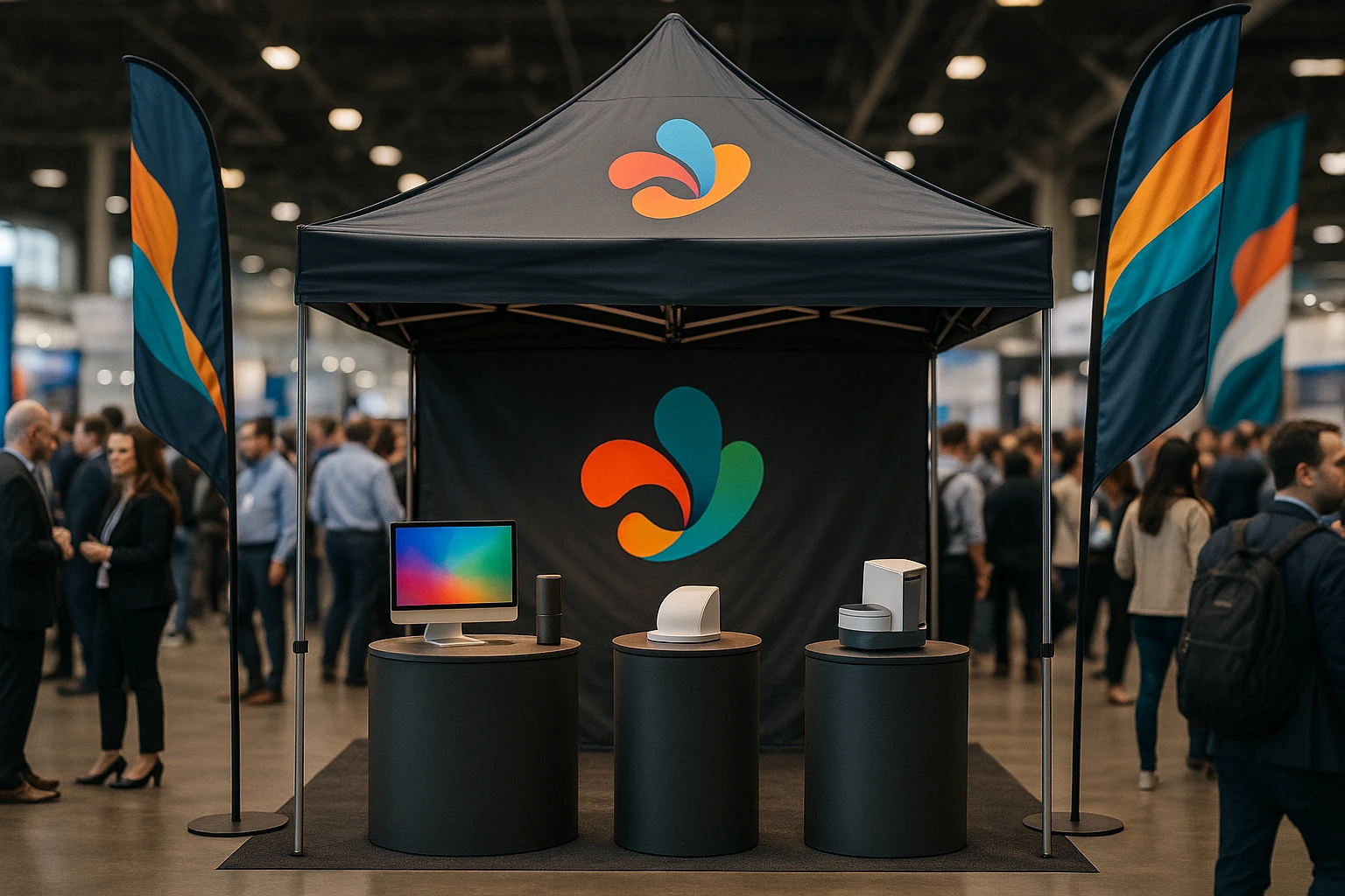 A bustling trade show floor with a branded tent displaying a company's large, vibrant logo on its fabric, surrounded by sample products on elegant stands and decorative banners fluttering in the breeze.