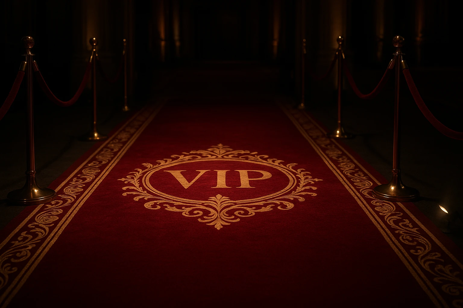 A luxurious red carpet with intricate gold patterns and a bold, elegant logo leads into a grand event hall, surrounded by velvet ropes and discreet spotlighting, setting the stage for an exclusive V.I.P entrance.