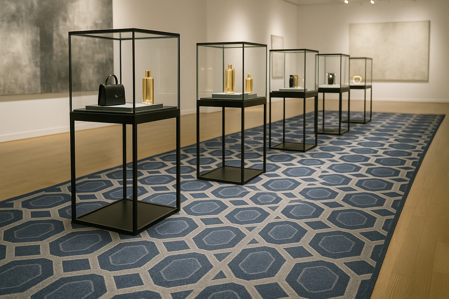 A custom designed carpet featuring an elegant blue and silver geometric pattern lies beneath a row of refined, glass display cases, showcasing luxury products at an exclusive V.I.P product launch event in a modern art gallery.