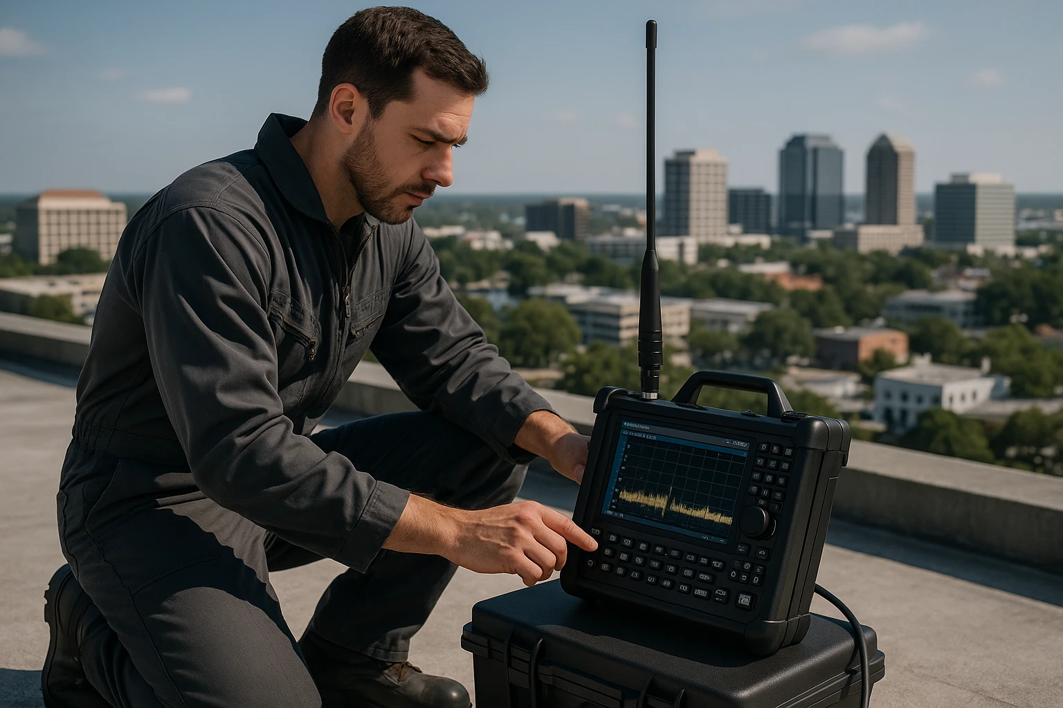 A technician in a utilitarian jumpsuit is adjusting a portable RF spectrum analyzer while kneeling on the rooftop of a building in Altamonte Springs, Florida, with a clear view of the city skyline in the background, emphasizing the practical application of advanced surveillance technology in urban environments.