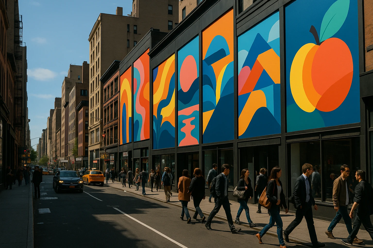 A vibrant city street with large, colorful posters displayed on the sides of buildings, featuring eye-catching graphics and bold text, amidst a backdrop of bustling urban life with pedestrians and vehicles.