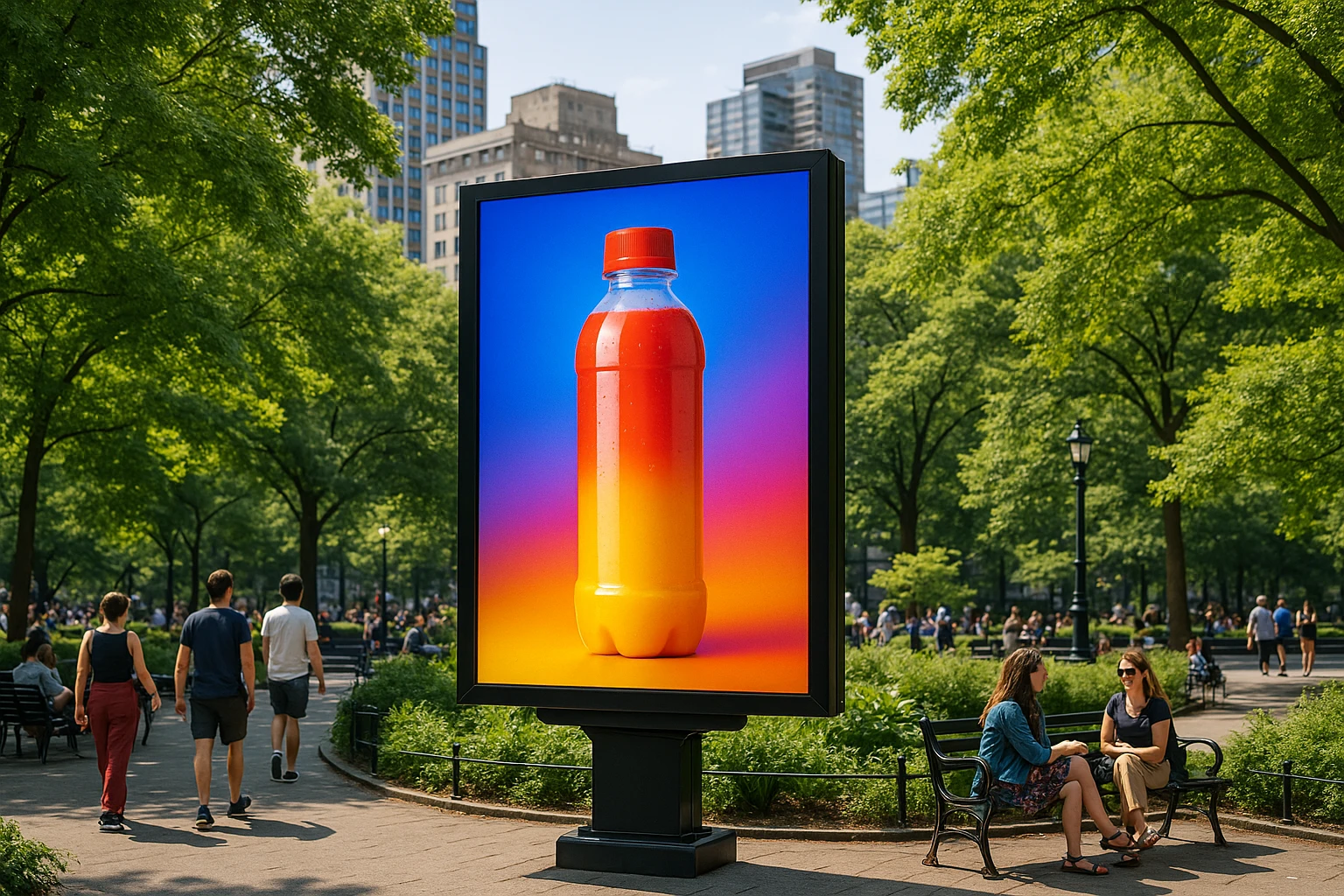 A large, brightly colored billboard in a bustling urban park, displaying a crisp, high-resolution image of a product with vibrant colors, surrounded by lush greenery and people enjoying the outdoor space.