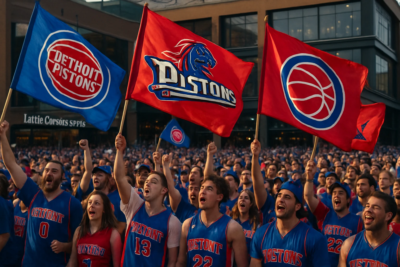 Fans holding up vibrant Detroit Pistons flags and banners outside the packed Little Caesars Arena, surrounded by a sea of excited supporters in team jerseys, as anticipation builds for the decisive Game 7 showdown.