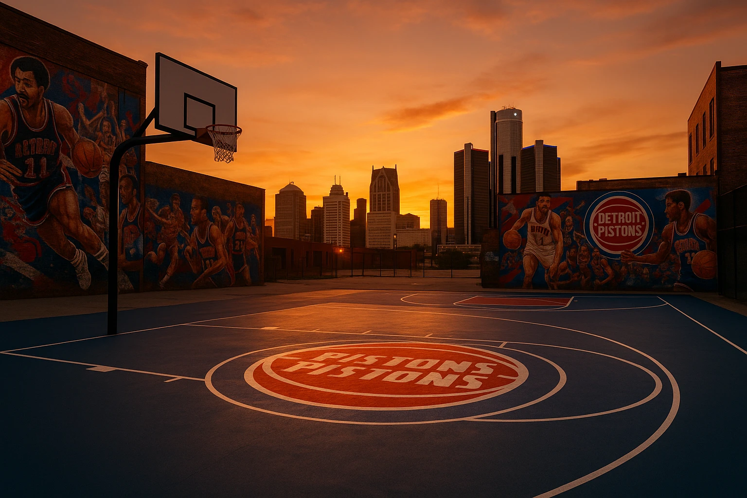 A basketball court at sunset in downtown Detroit, with the Pistons logo prominently displayed at center court, surrounded by vibrant murals celebrating the team's history on nearby buildings.
