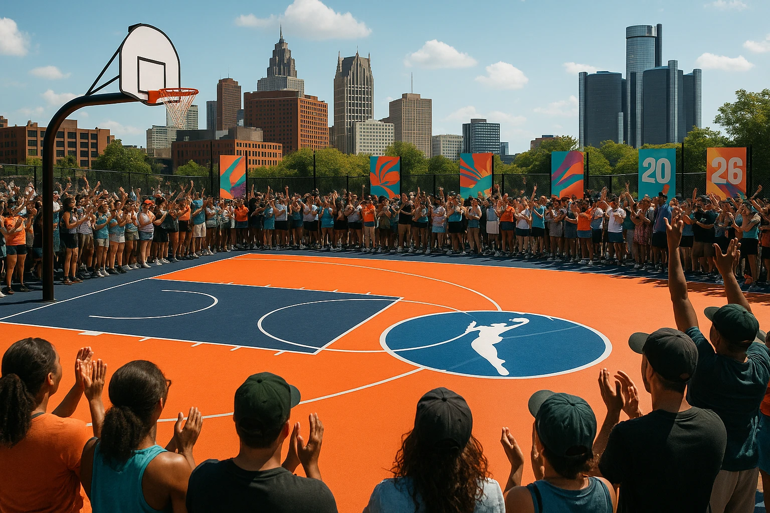 A vibrant outdoor basketball court in Detroit with a freshly painted WNBA logo at center court, surrounded by cheering fans and colorful banners celebrating the return of the league at the start of 2026.