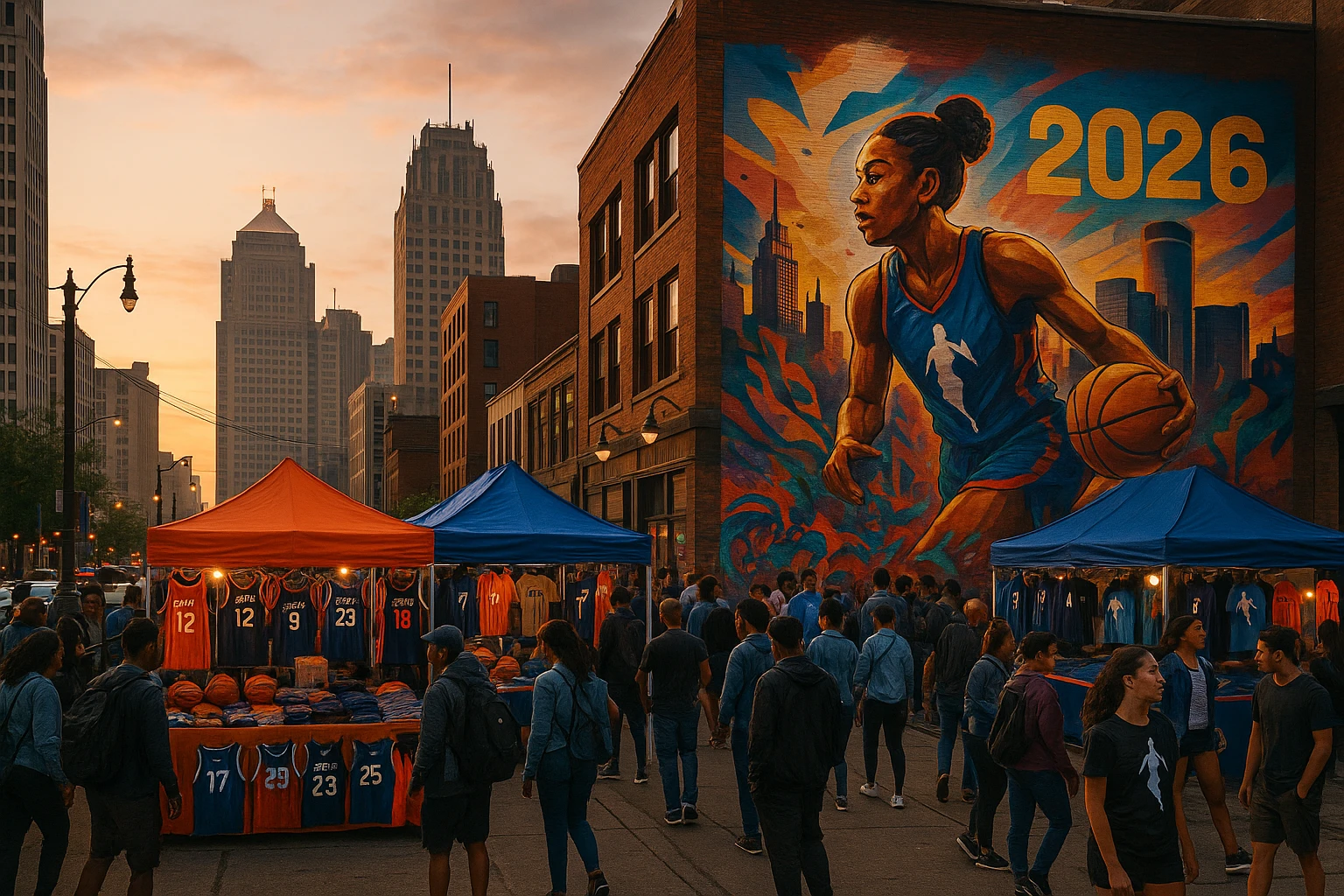 A bustling Detroit street scene at dawn, with a WNBA-themed pop-up market showcasing basketball merchandise, jerseys, and memorabilia under colorful tents, surrounded by enthusiastic visitors and dynamic street art celebrating the team's return in 2026.