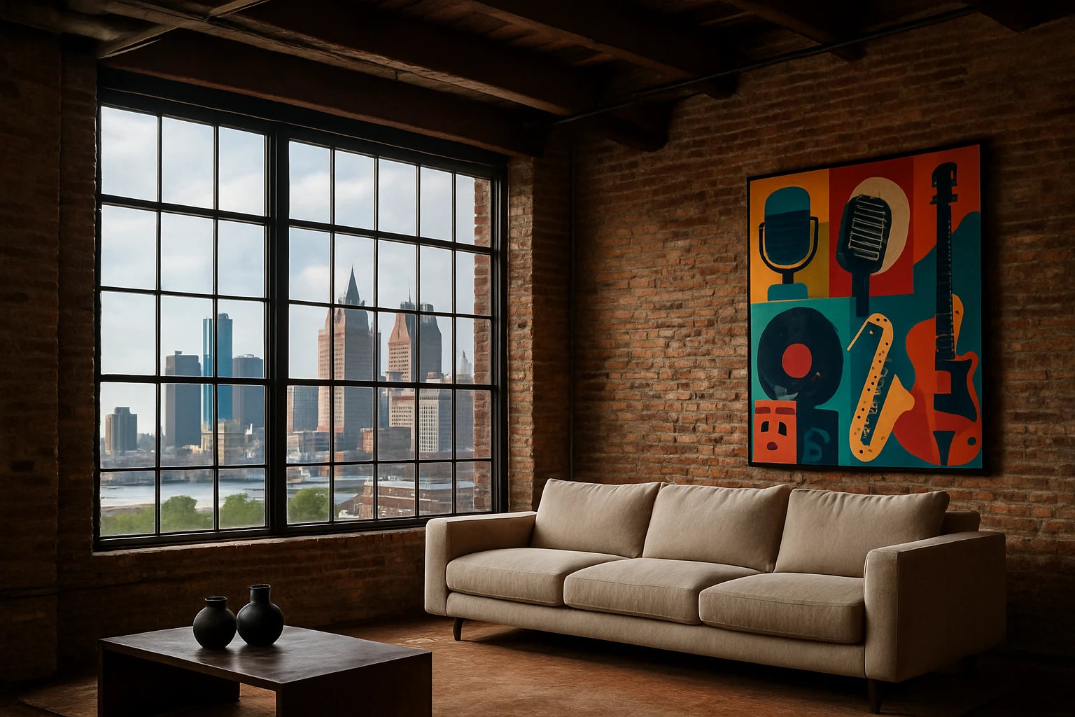 A vintage brick loft with large industrial windows overlooking the Detroit skyline, featuring exposed beams, a plush modern sofa, and vibrant artwork celebrating the city's musical heritage.