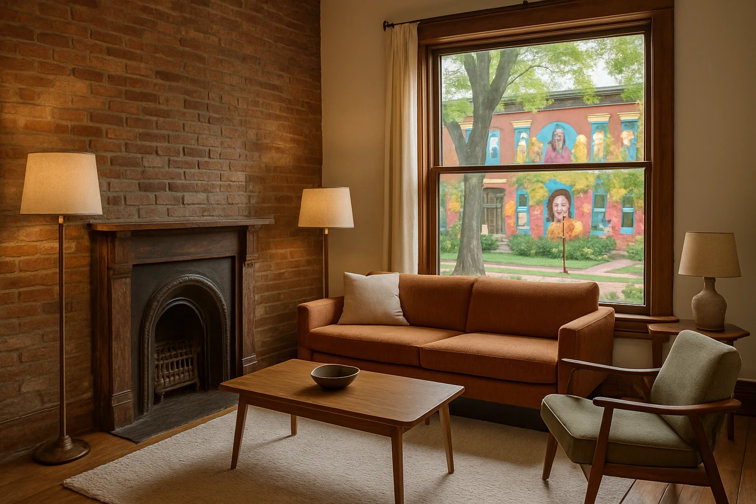 A charming, rustic living room in a Corktown rowhouse with a vintage fireplace, mid-century modern furniture, and a window view of a tree-lined street featuring vibrant murals that celebrate Detroit’s cultural diversity.