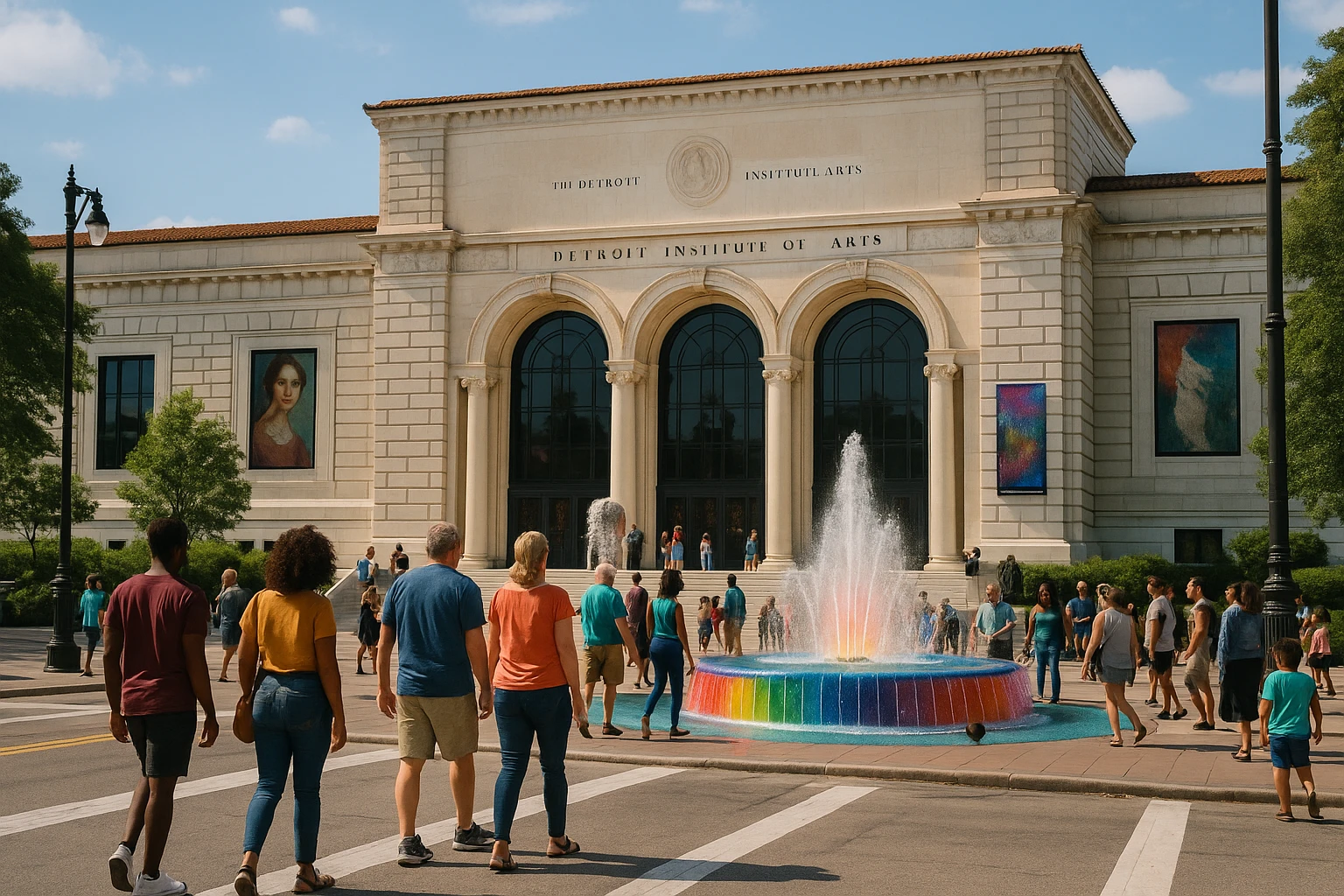A vibrant street scene in Detroit framing the entrance of the Detroit Institute of Arts, with its grand neoclassical facade, banners promoting current exhibitions, and a diverse group of visitors milling around the colorful fountain in the plaza.