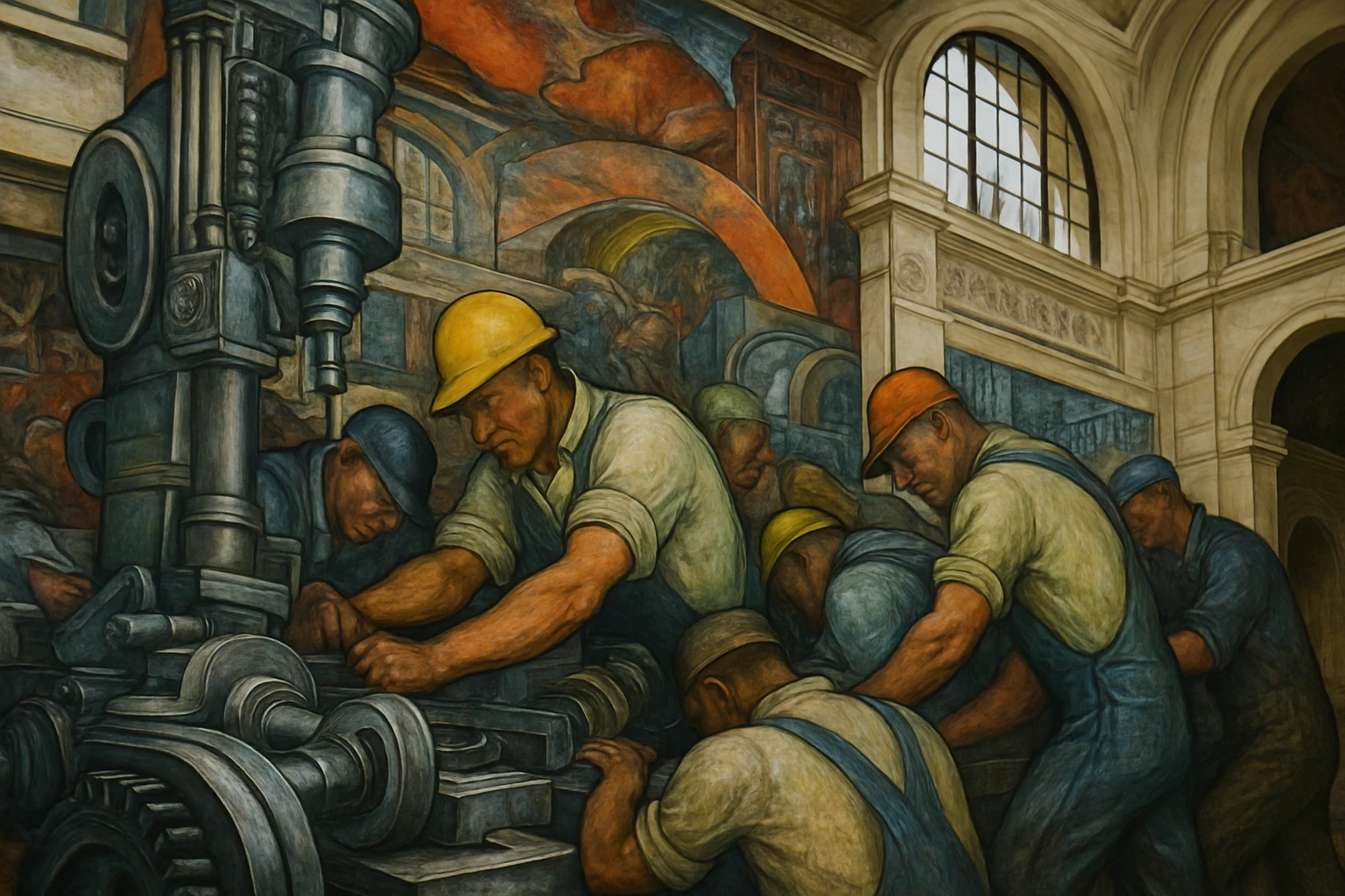 A close-up of Diego Rivera's Detroit Industry Murals inside the Detroit Institute of Arts, with intricate details of the industrial workers and machinery, showcasing vibrant colors and dynamic lines against the backdrop of the museum's grand interior architecture.