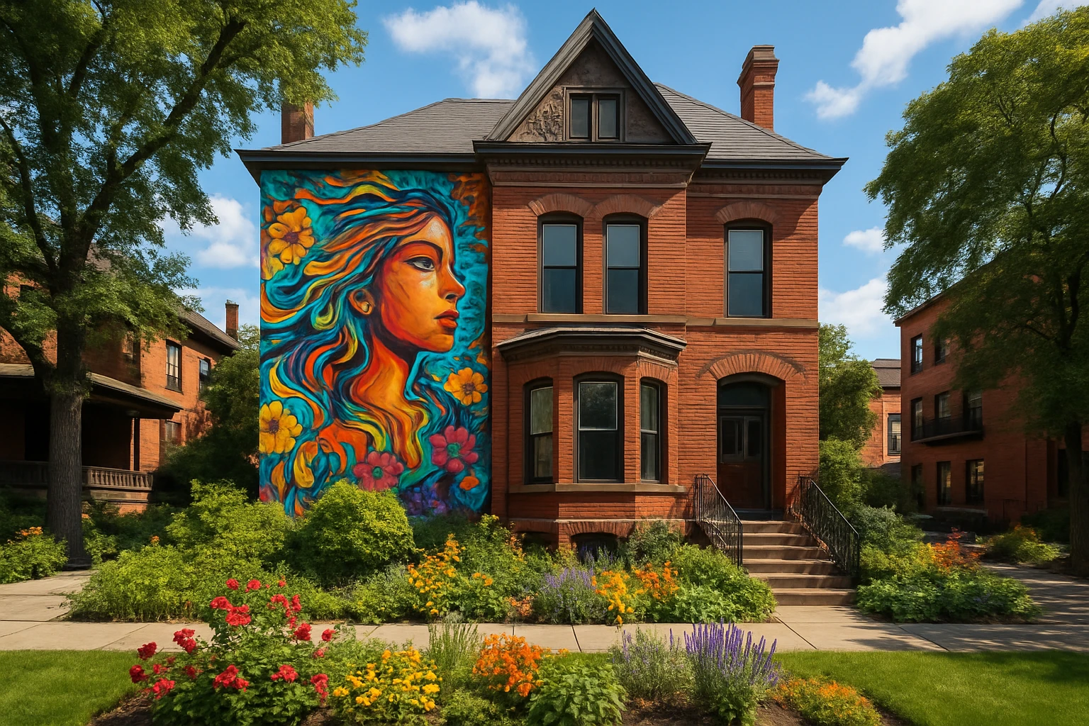 A beautifully restored historic Detroit townhouse with a vibrant mural on its brick facade, surrounded by lush greenery and colorful flowers, set in a lively neighborhood showcasing the city's rich artistic culture.