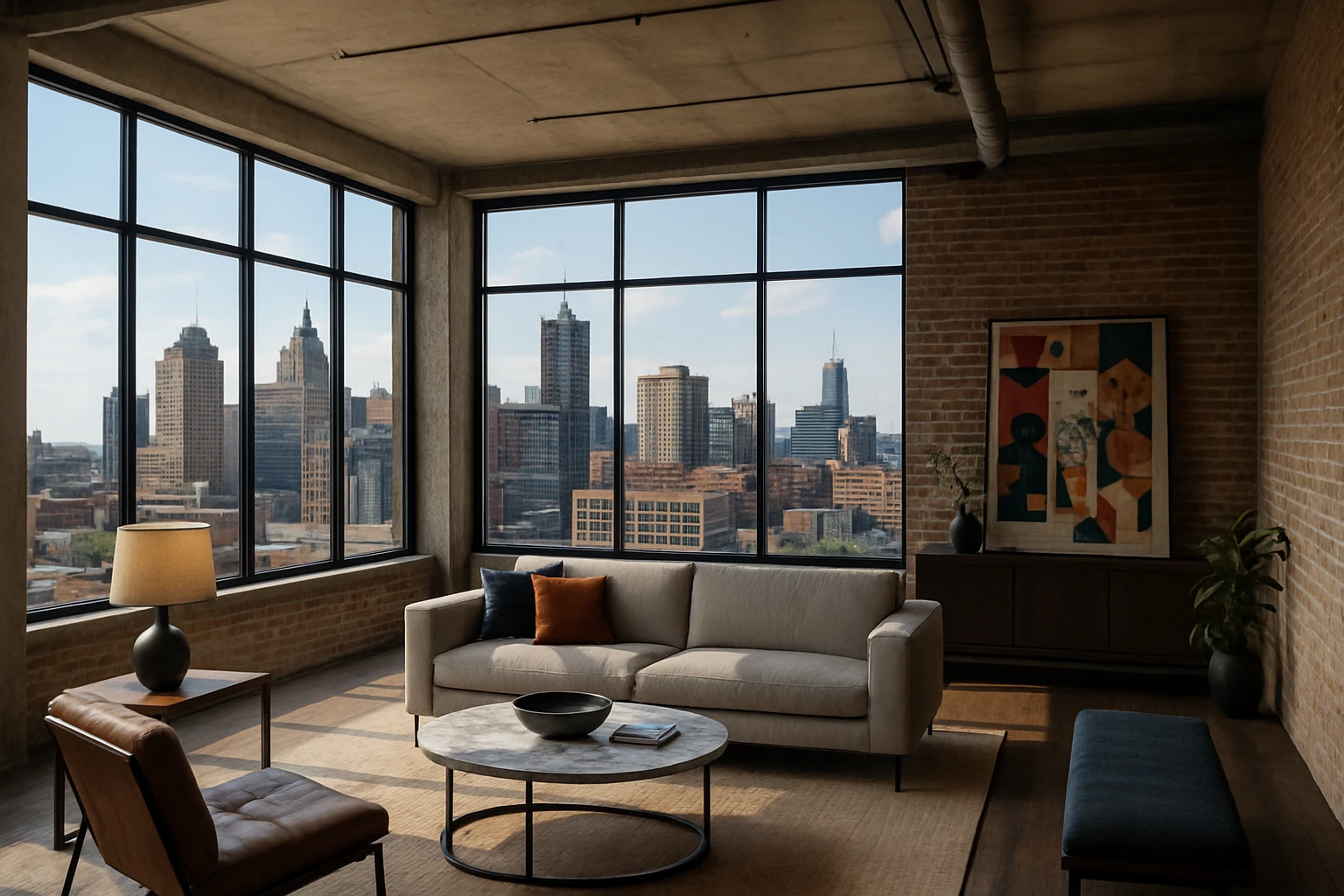 A modern Detroit loft with industrial design features large floor-to-ceiling windows showcasing a panoramic view of the city skyline, complemented by stylish contemporary furniture and artistic decor reflecting the city's vibrant cultural heritage.