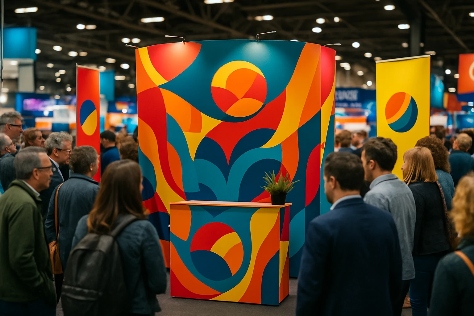 A vibrant pop-up display booth set up at a bustling UK trade show, featuring bold graphics and brand logos, surrounded by colorful banners and promotional materials, attracting a crowd of interested onlookers.
