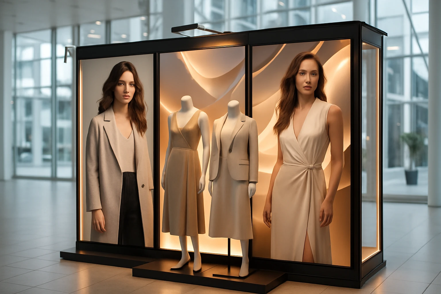 A sleek, premium pop-up display with intricate 3D graphics set up in a bright, open exhibition hall, featuring stylish backlit panels showcasing a fashion boutique's latest collection, with elegant mannequins and accent lighting enhancing the visual appeal.