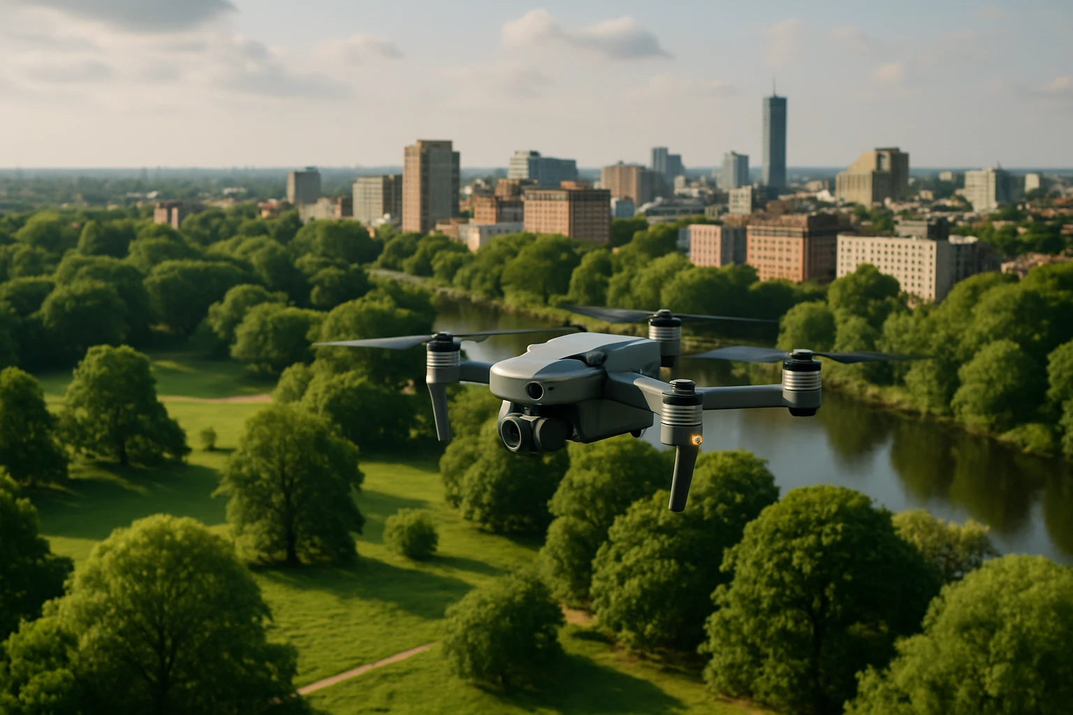 A drone capturing aerial footage of a diverse landscape featuring a mixture of urban architecture and lush green spaces, highlighting the intersection of human development and natural ecosystems.