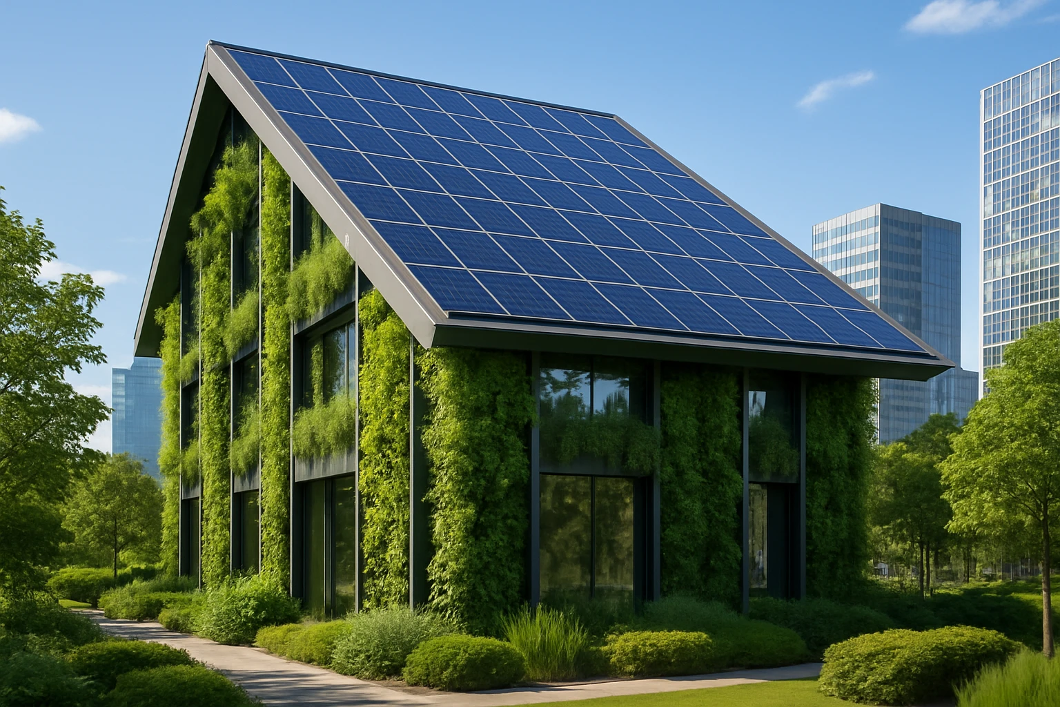 An innovative building with a solar-panelled roof and walls featuring integrated vertical gardens, surrounded by urban greenery and a clear blue sky, illustrating sustainable architecture in a futuristic cityscape.