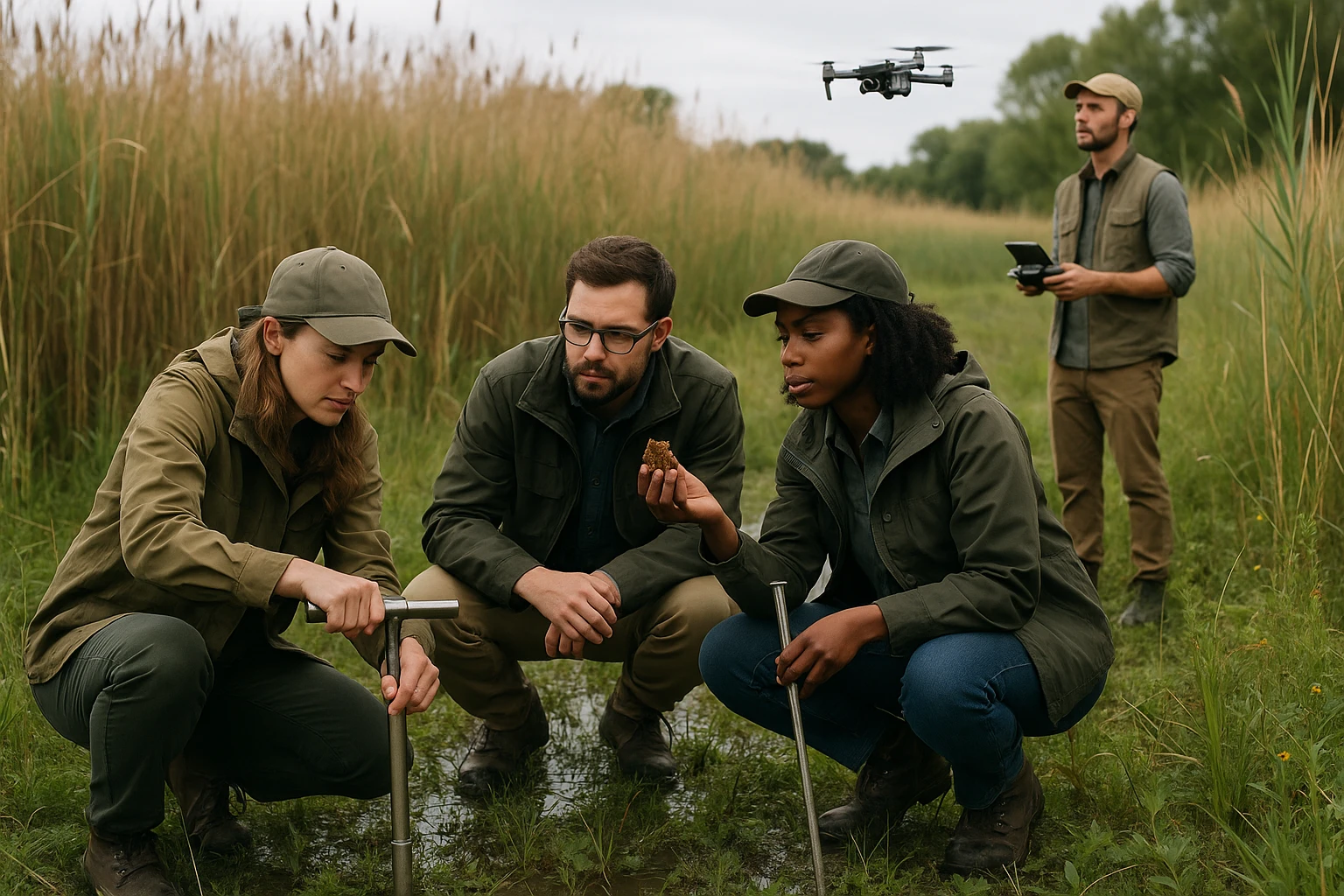 A collection of field researchers examining a wetland area, using soil sampling tools and drones for data collection amidst tall reeds and diverse flora, illustrating the hands-on approach of a Habitat Review in environmental planning.