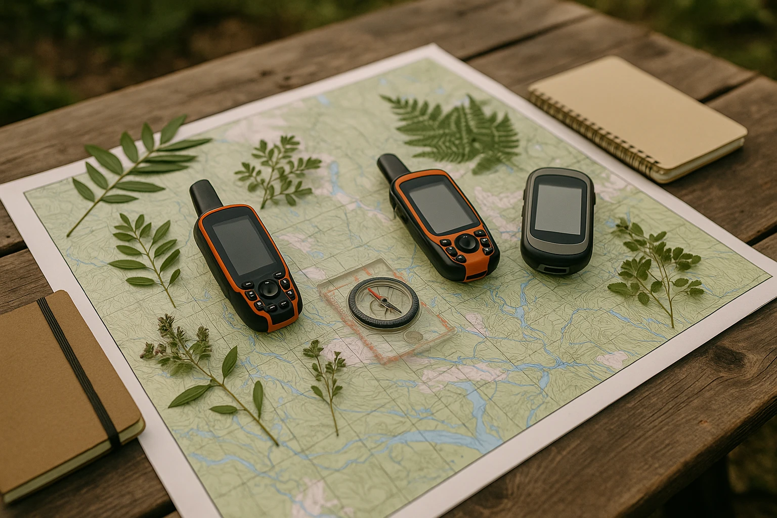 A close-up of a scientific map spread across a wooden table outdoors, with GPS devices and a compass lying on top, surrounded by a variety of plant samples and notebooks, illustrating a hands-on habitat review process in a natural setting.