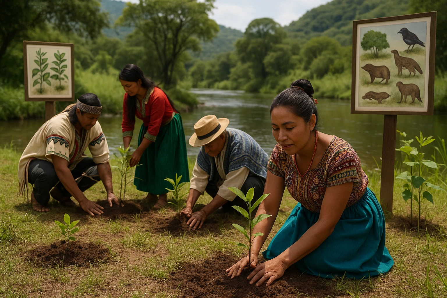 A group of local community members in traditional attire planting indigenous trees along a riverbank, with informational signs about the local ecosystem and wildlife prominently displayed nearby.