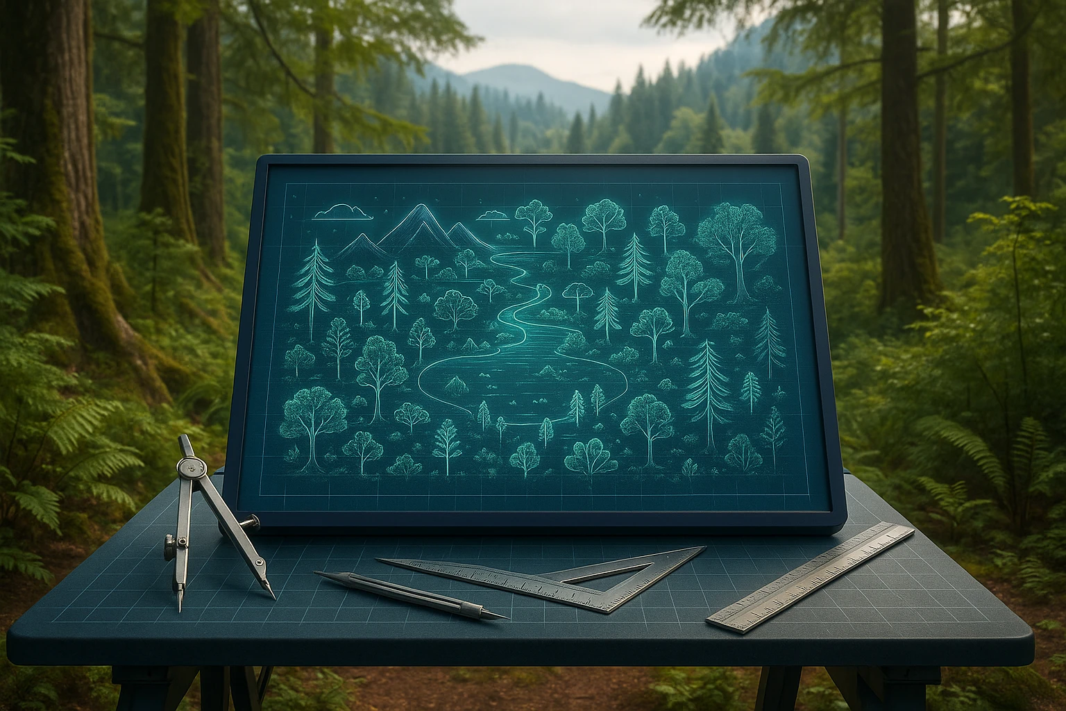 A detailed illustration of a digital blueprint board displaying an ecosystem map, surrounded by tools like compasses and rulers, set against a backdrop of a lush forest landscape, symbolizing the intersection of technology and nature.