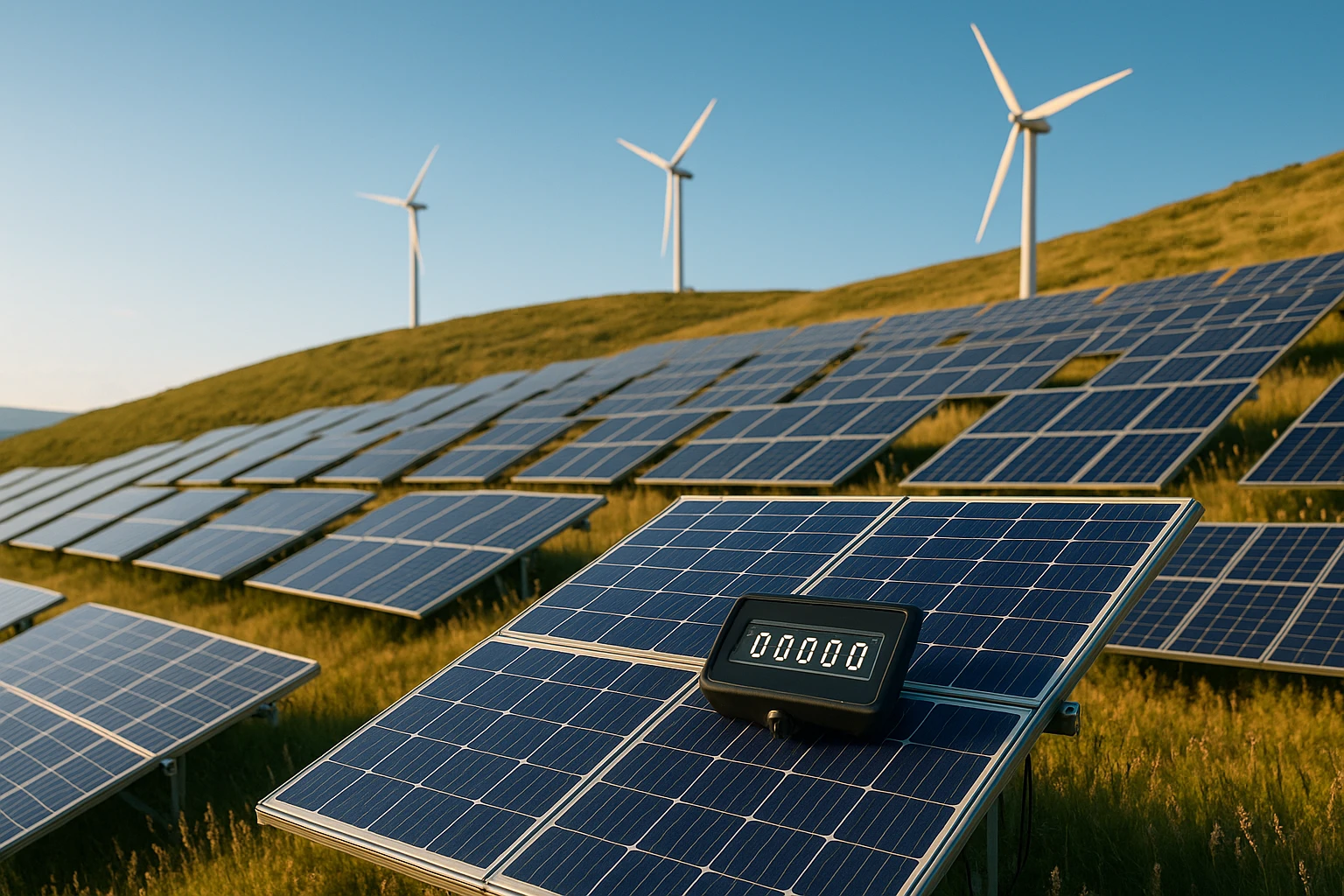 A solar panel field on a sunny hillside, each panel connected to a digital counter displaying energy credits, with wind turbines in the background, illustrating the integration of renewable energy with digital technology.
