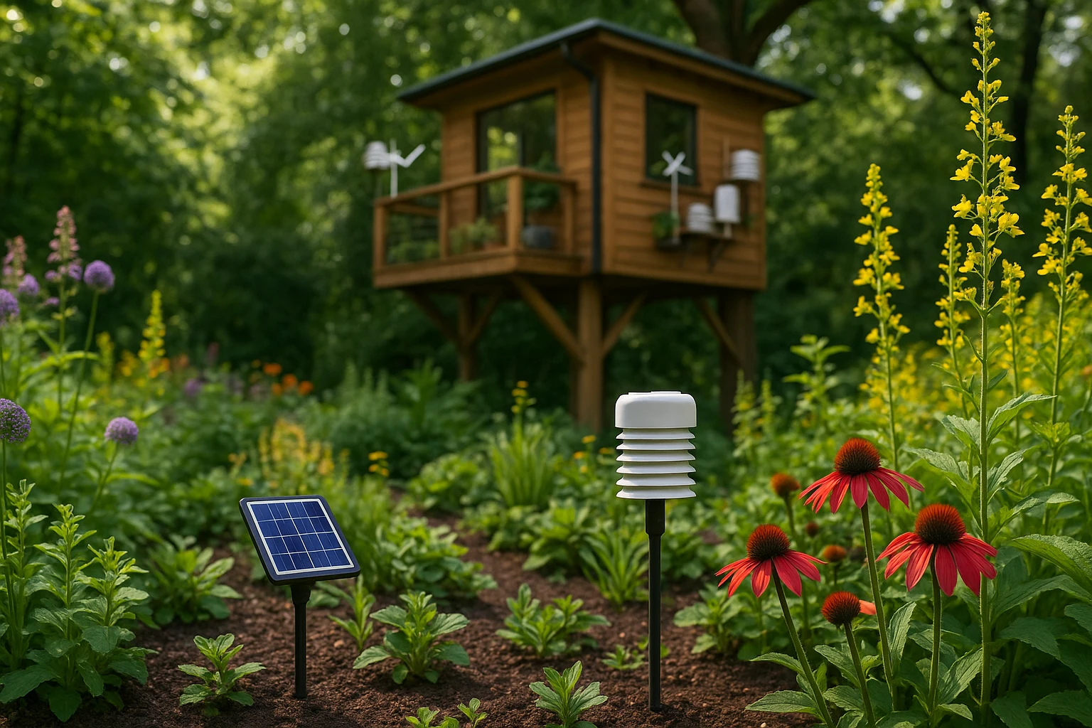 A vibrant garden with diverse plants, where solar-powered sensors are embedded in the soil, communicating data to a nearby treehouse-style observation post equipped with eco-friendly gadgets.