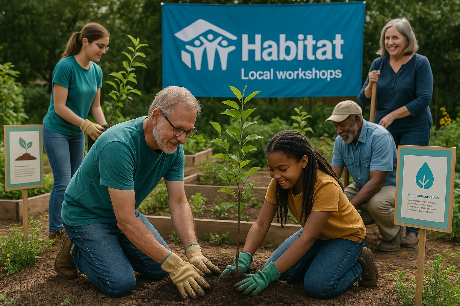A community garden scene where people of different ages are planting trees, surrounded by informational signs about sustainable practices, with a large Habitat-branded banner in the background promoting local workshops.